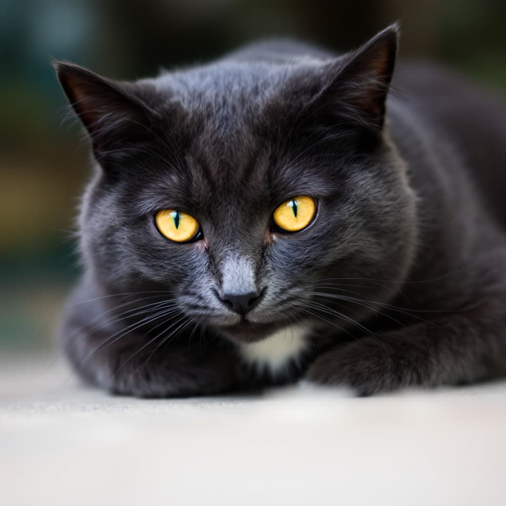 AI generated: dark grey cat with yellow eyes, white spot on neck
