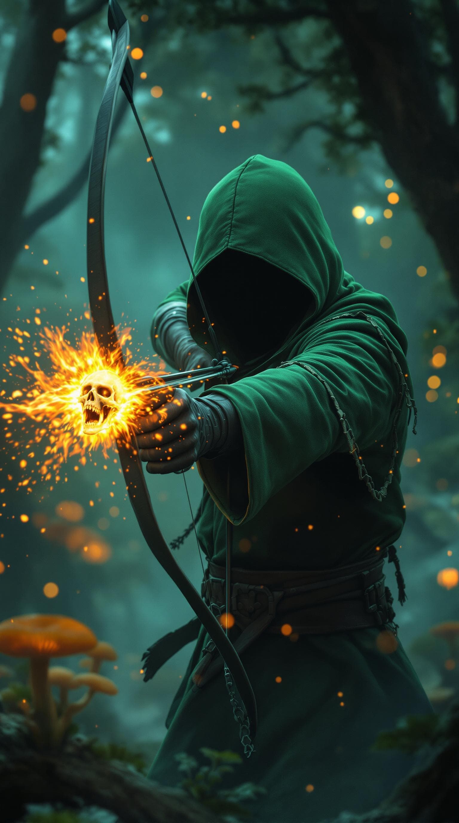 AI generated: "Create a cinematic, hyper-realistic image of a faceless hooded figure wearing a green hooded robe, ...