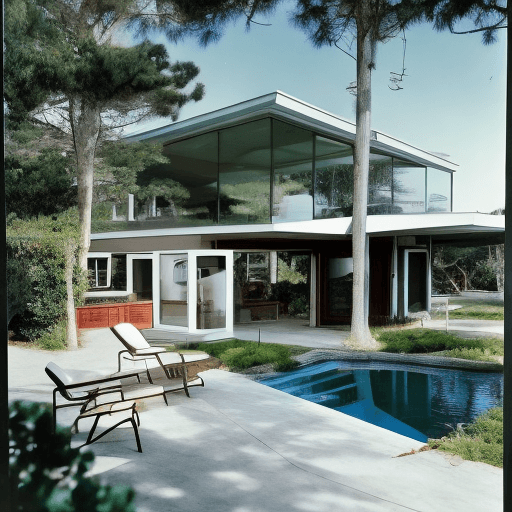 AI generated: Hyper realistic eye level exterior photo of a mid century modern style house overlooking the ocean, ...