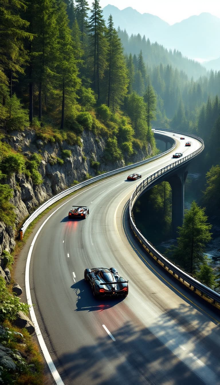 AI generated: Summer. The race track is circular. There are no mountains here, flat terrain through the forest.  T...