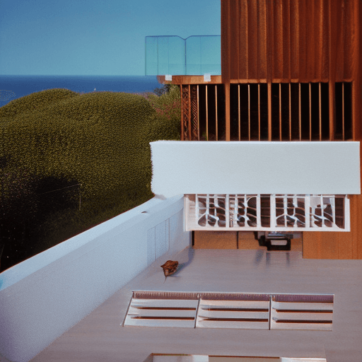 AI generated: Hyper realistic eye level exterior photo of a mid century modern style house overlooking the ocean, ...