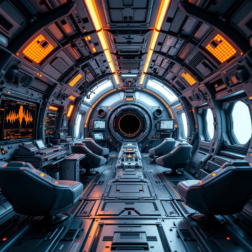AI generated: Futuristic looking imake of an aircraft cabin with a complex machine with lots of antennas and monit...