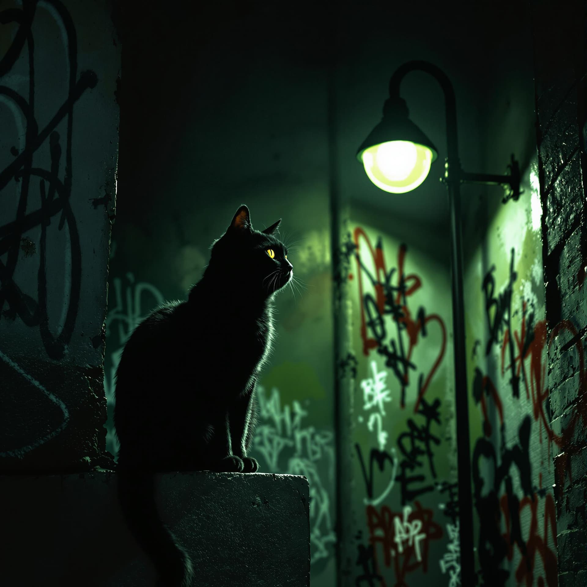 AI generated: "A black cat sitting on a graffiti-covered wall at night, illuminated by a round street lamp. The sc...