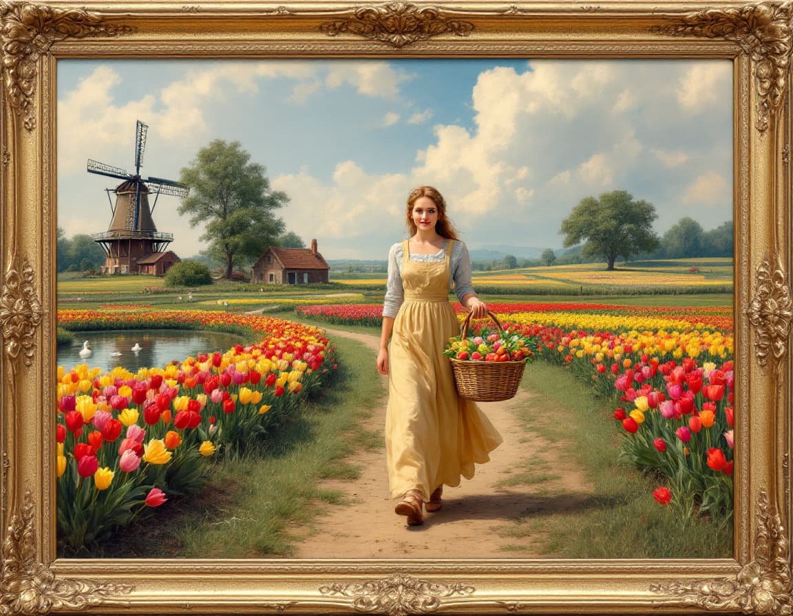 AI generated: 
Prompt 
a farm girl in a long dress and apron, carrying a full marketing basket as she is walking a...