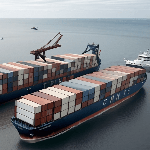AI generated: Image with ships containers flights and trucks in the background and in the front a person wearing s...