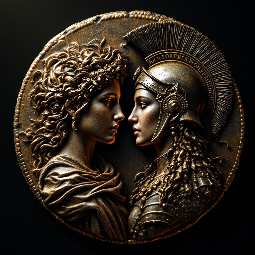 AI generated: "To create a hyper-realistic image of the edge of an ancient coin. On the left side, a woman represe...