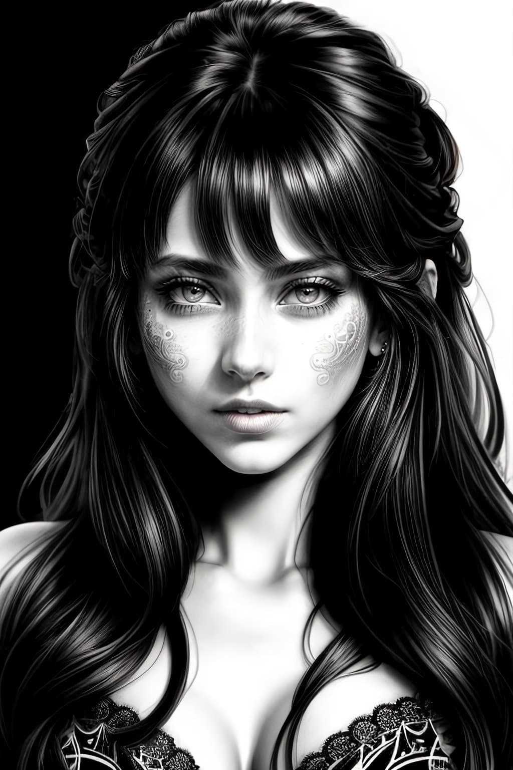 AI generated: stunning girl an image of a black and white painting of a hyperdetailed sketch art, in the style of ...