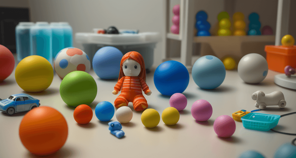 AI generated: High resolution photography of plastic balls, stuffed dolls, toy cars in a laboratory