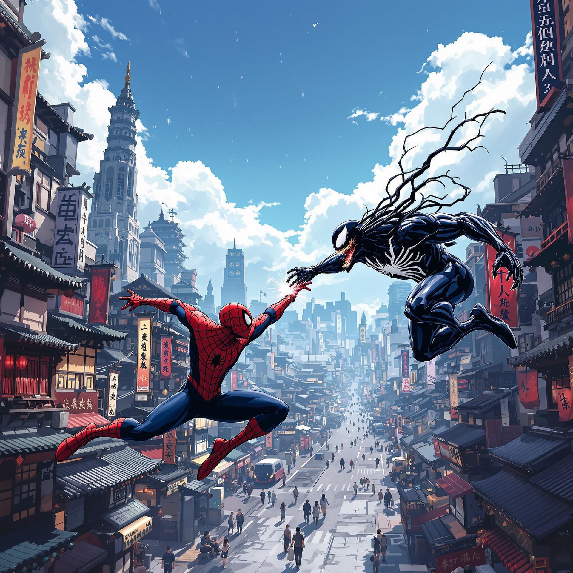 AI generated: a studio ghibli style image of spiderman and venom fighting in an a version of new york that looks l...