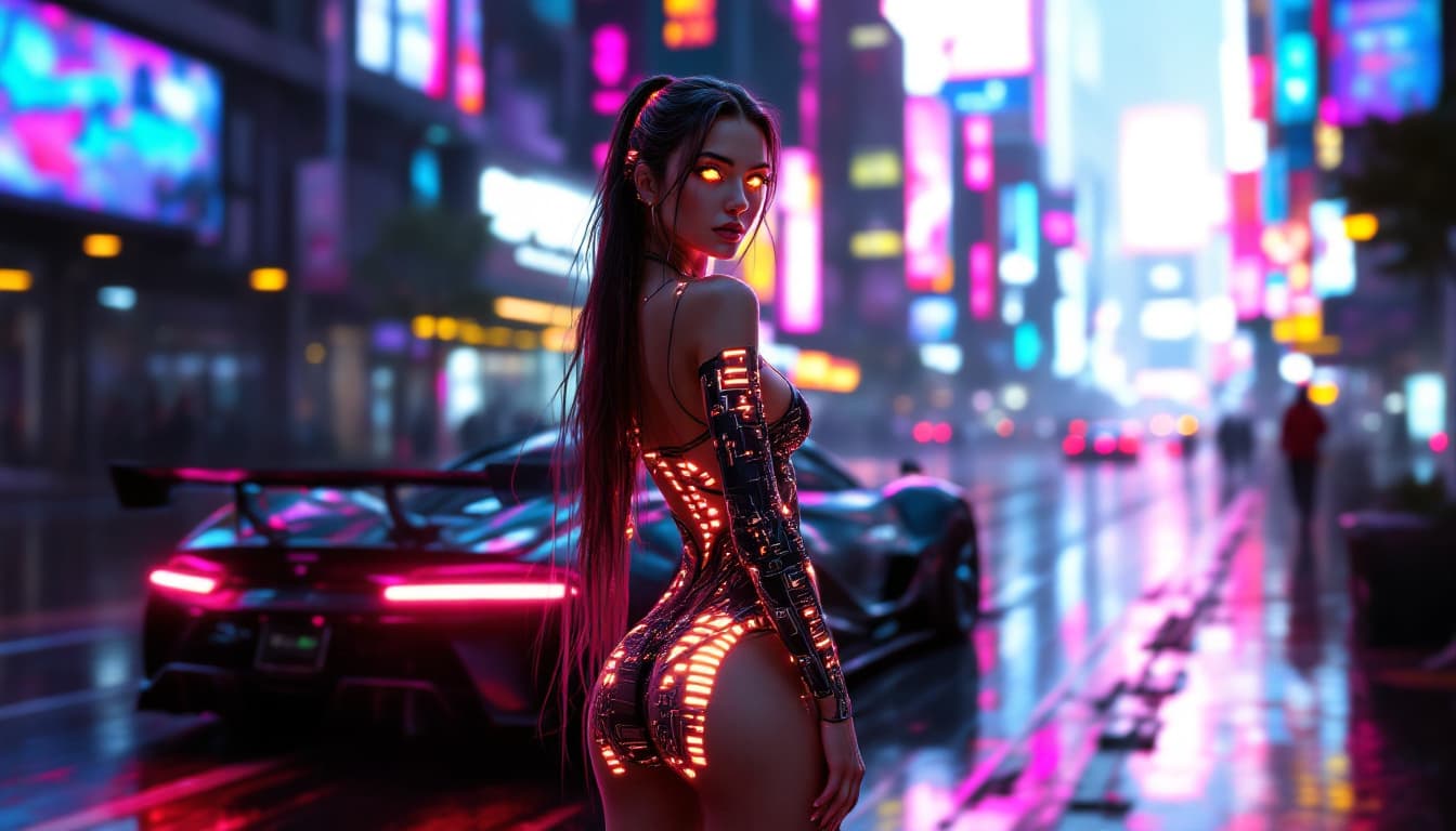 AI generated: A stunning cyberpunk girl with a realistic, highly detailed appearance stands in the heart of a neon...