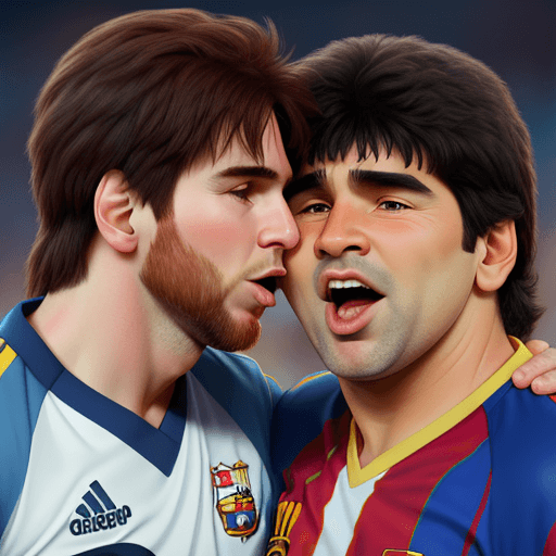 AI generated: Leo Messi and Diego Maradona Kiss with tongue, close eyes
disney character, 
photo realistic