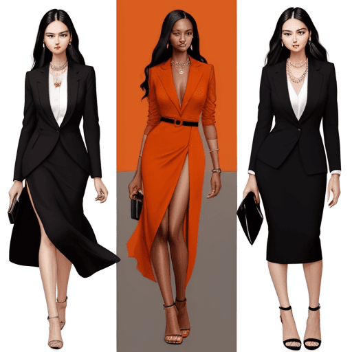 AI generated: Elegant fashion collage featuring stylish outfits for different occasions: a casual day look with a ...