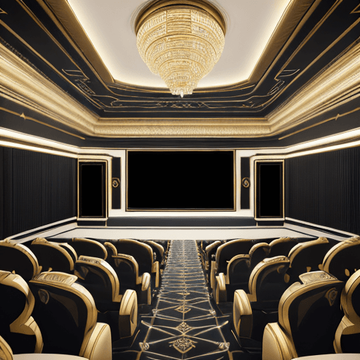 AI generated: isometric cut-out, pretty and coquettish, futuristic high-end movie theater room, 2 rows of chairs f...