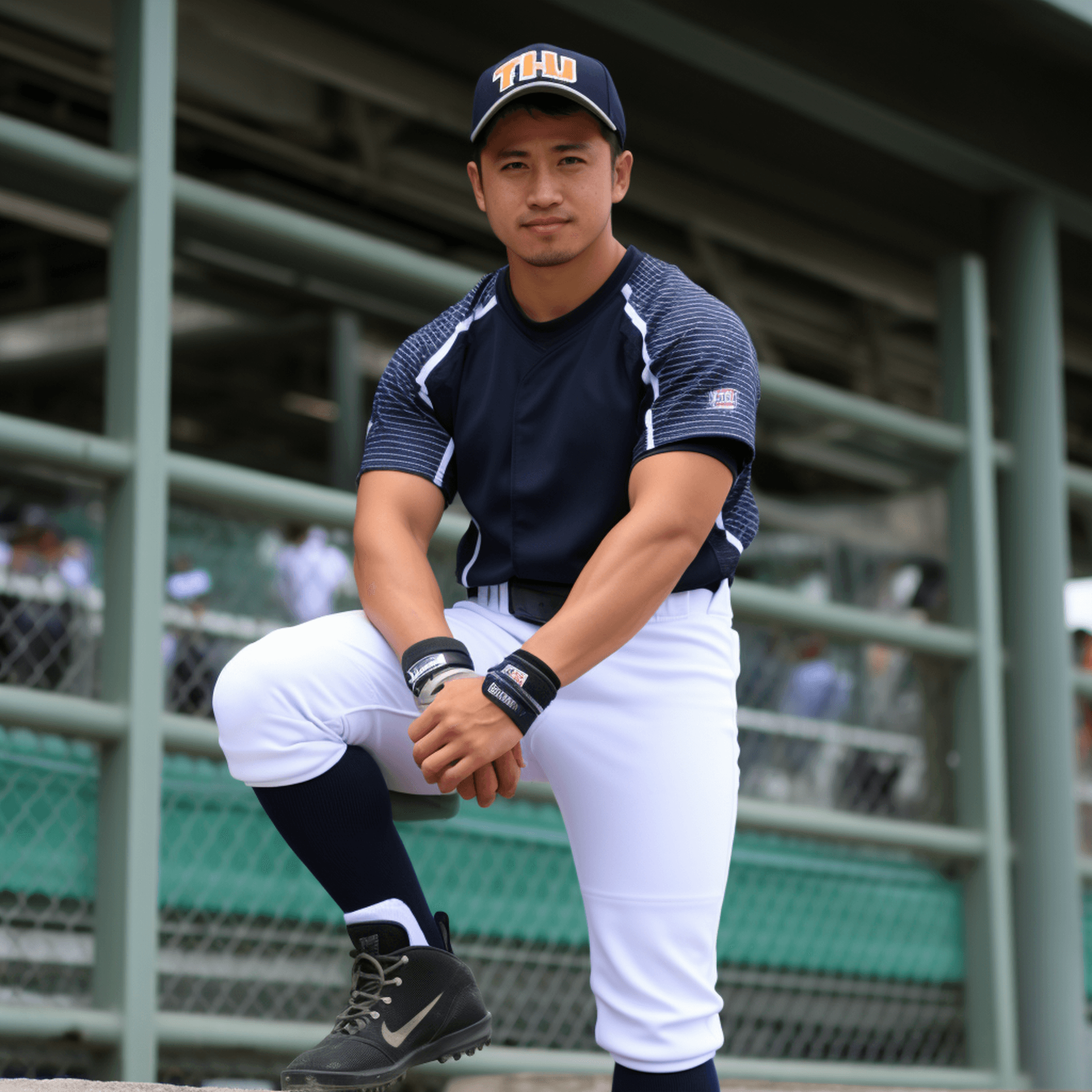 AI generated: Full-Body Shot - Head-to-toe view, japanese, 日本の野球選手, baseball player, handsome, show legs, show fee...