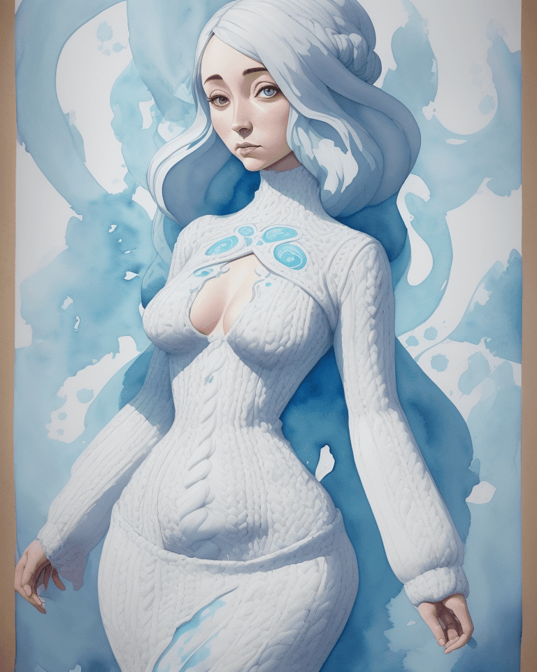 AI generated: Watercolor painting on parchment, a woman wearing large knitted dress, ((Courtney Ford)), wide hips,...