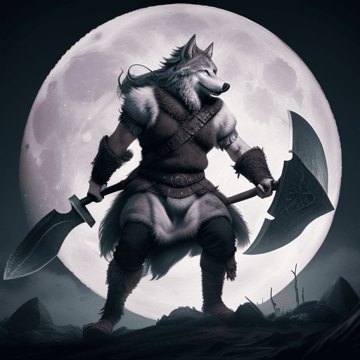 AI generated: a viking wolf wearing a blindfold over its eyes carrying a axe with a full moon behind him, hyper re...