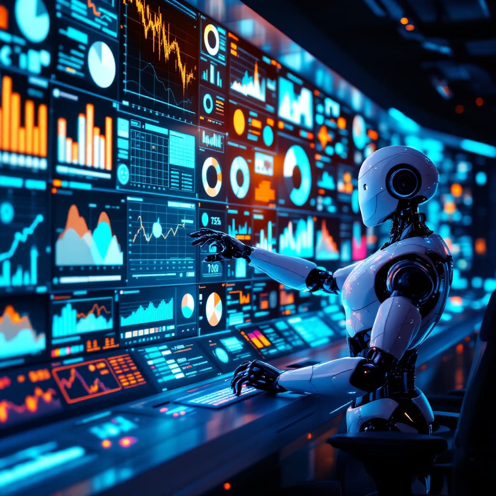 AI generated: A futuristic control room illuminated with a blue and silver glow, featuring a humanoid robot intera...