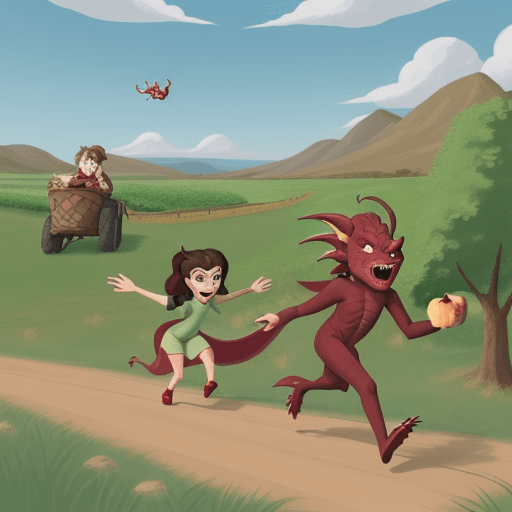 AI generated: 
Mischievous dragon illustration in a cartoony style, stealing apples from an orchard with a farmer ...