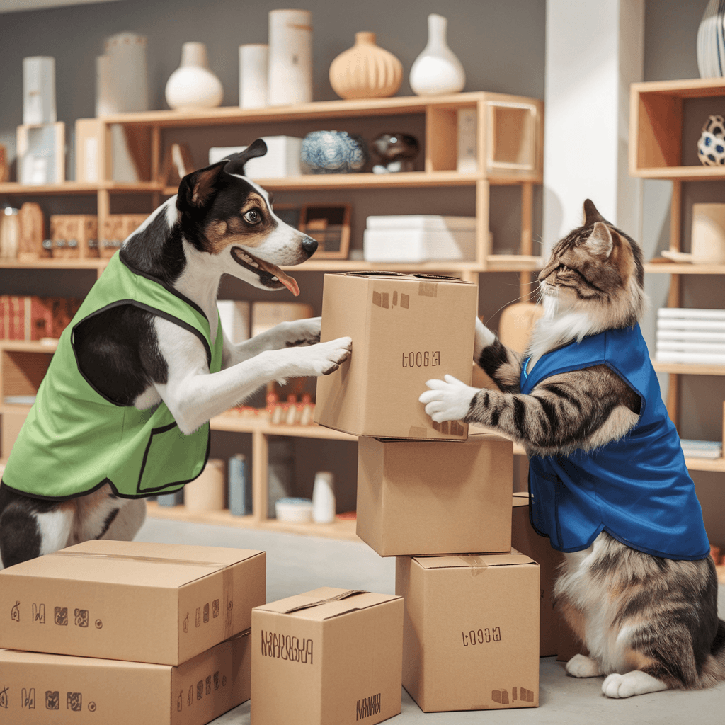 AI generated: A lifelike scene of a dog and a cat working together in a retail store, acting like employees as the...