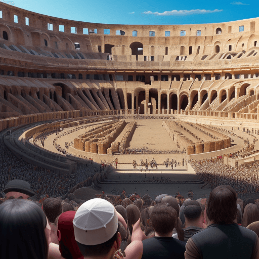 AI generated: a crowd of people and a person holding phone with gladiator fights in the Roman Coliseum, hyper-deta...