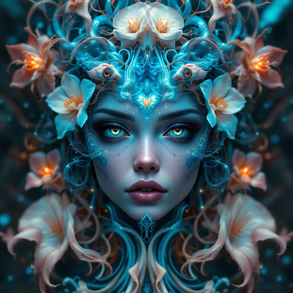 AI generated: Goddess close-up portrait ribcagel. jellyfish phoenix head, nautilus, orchid, skull, betta fish, bio...