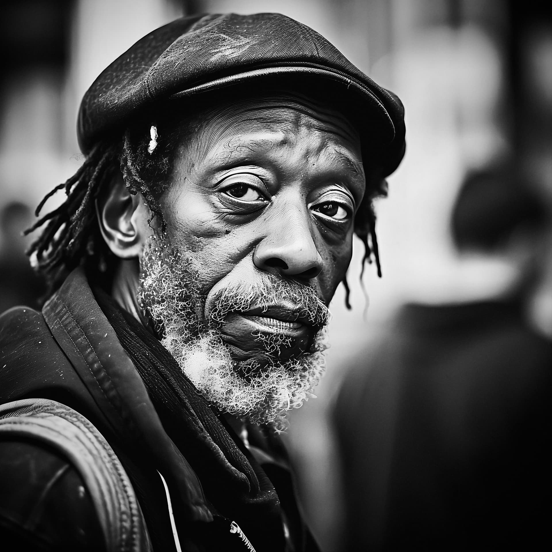 AI generated: candid moments, Urban landscapes, Street life, Stories in motion, Street portraits, black & white, n...
