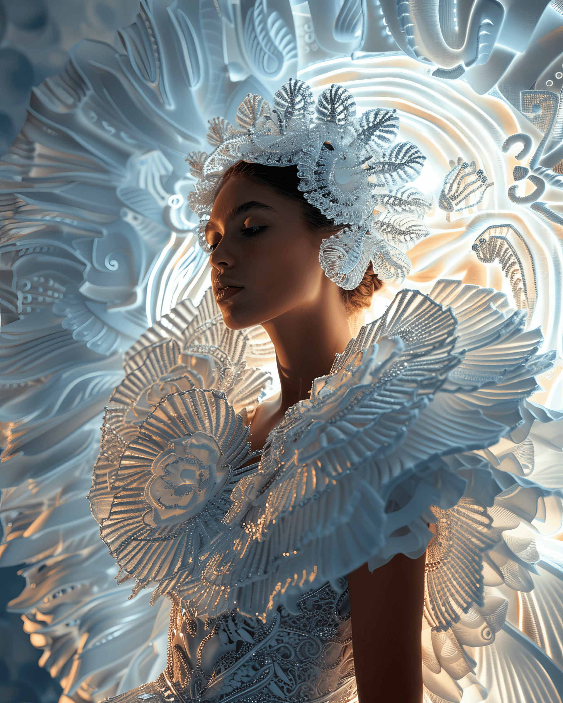 AI generated: full body portrait of a beautiful alien model, intricate filigree crystal dress in the style of Iris...