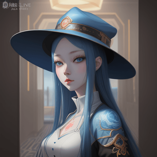 AI generated: a painting of a young girl with blue eyes with magition style hat, a detailed painting by Lü Ji, fea...