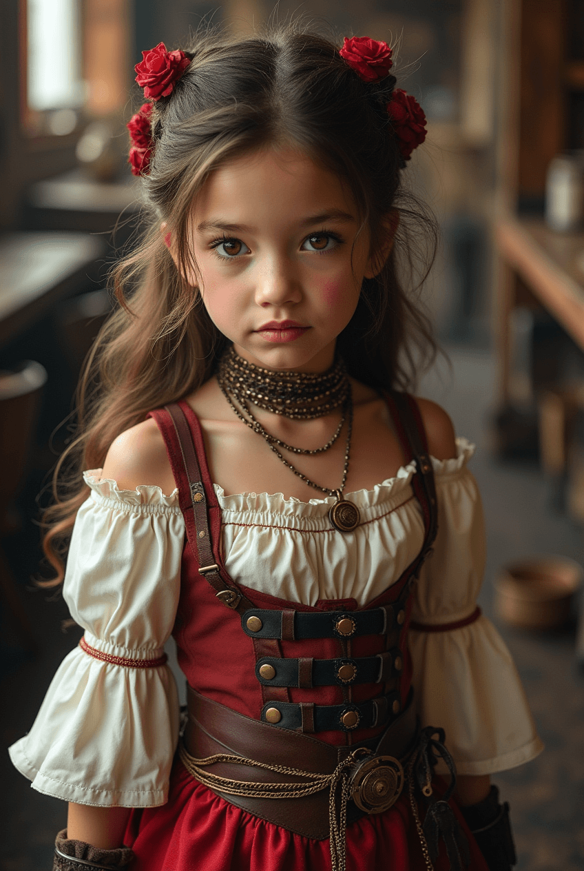 AI generated: Steampunk princess in short luxurious costume, preteen, mechanical components in a  steampunk villag...