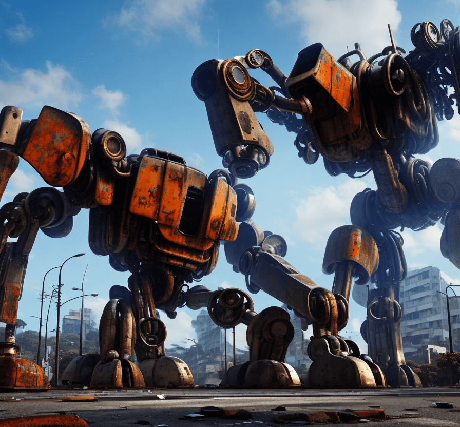 AI generated: a  futuristic  rusted big mech is lying on the ground in the street in a  favela. Terrified people a...