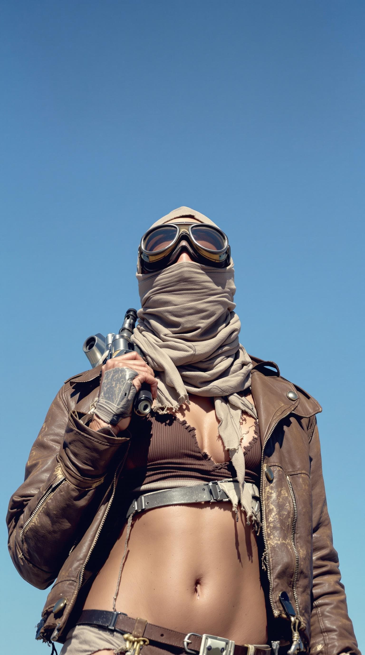 AI generated: The image features a rugged individual standing confidently against a clear blue sky. They are weari...