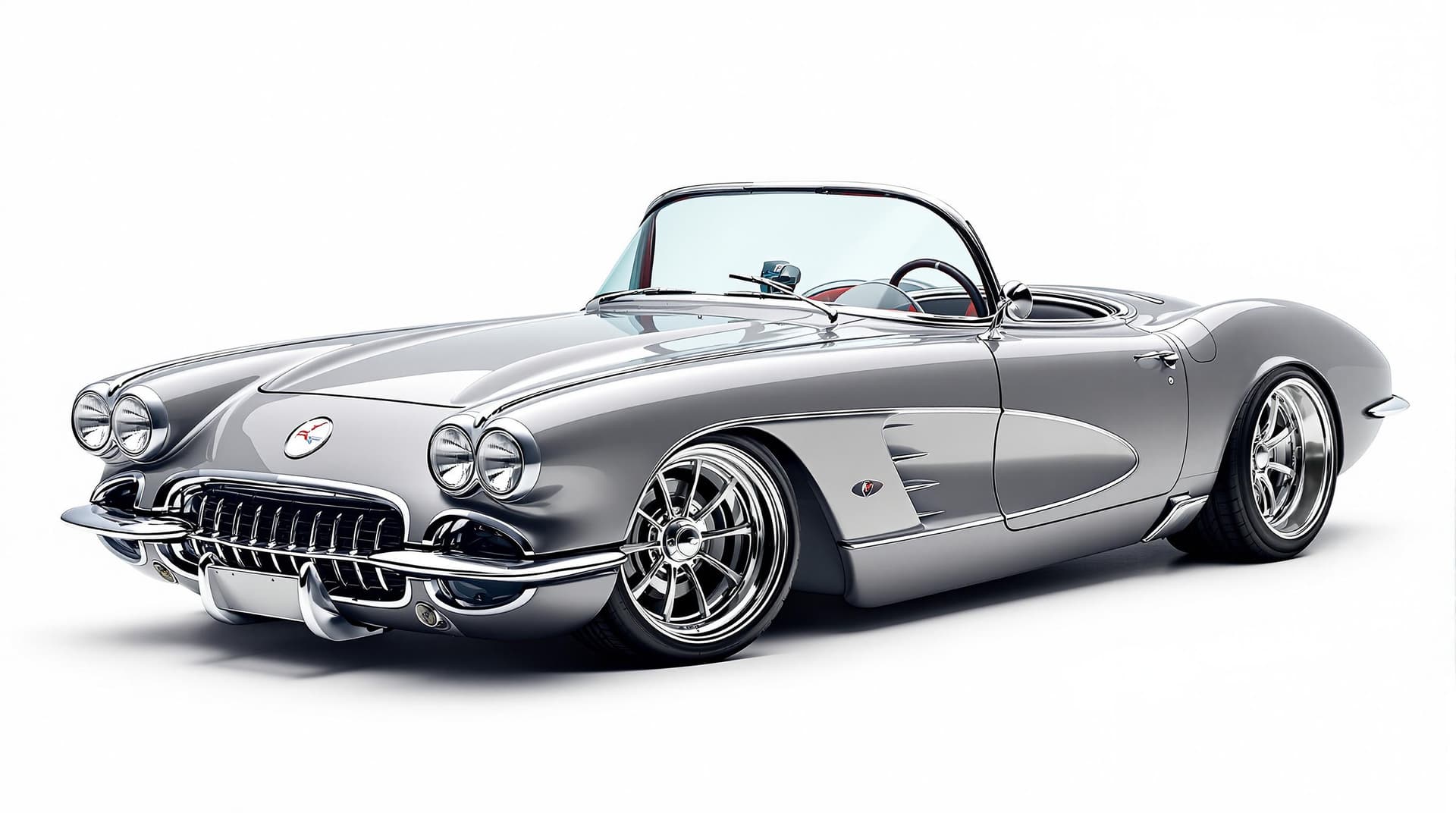 AI generated: Hyper realistic 1959 chevy corvette convertible, front side top view, gray color, restomod with 20" ...