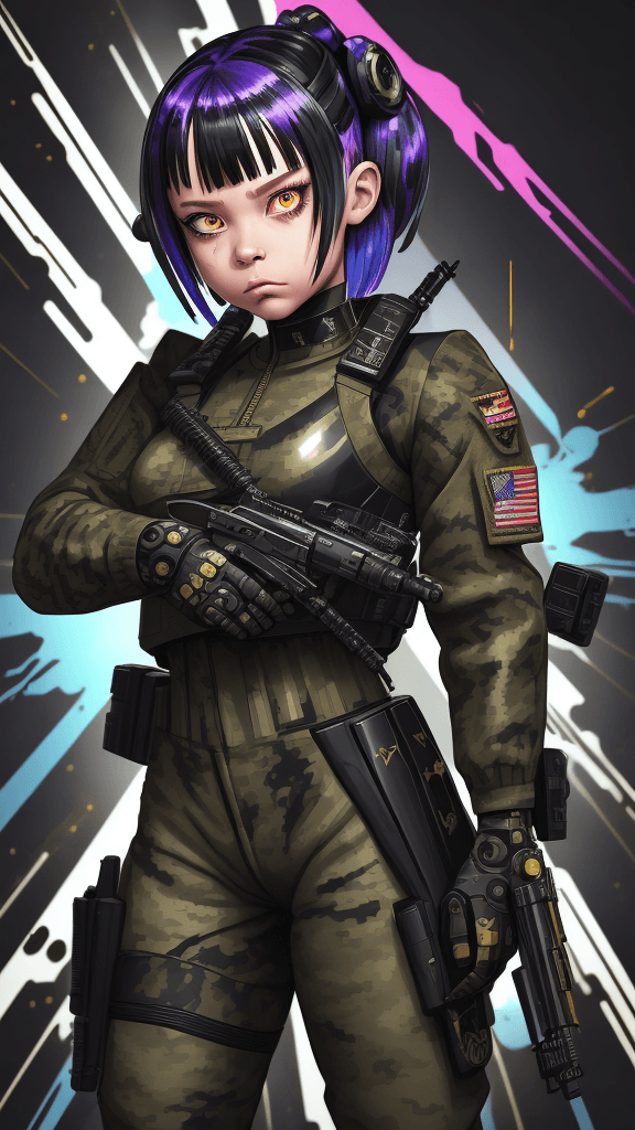 AI generated: in a funky background portrait of little (((((Cyborg female))))):5.5,wearing ((army attire)):2.2, ho...
