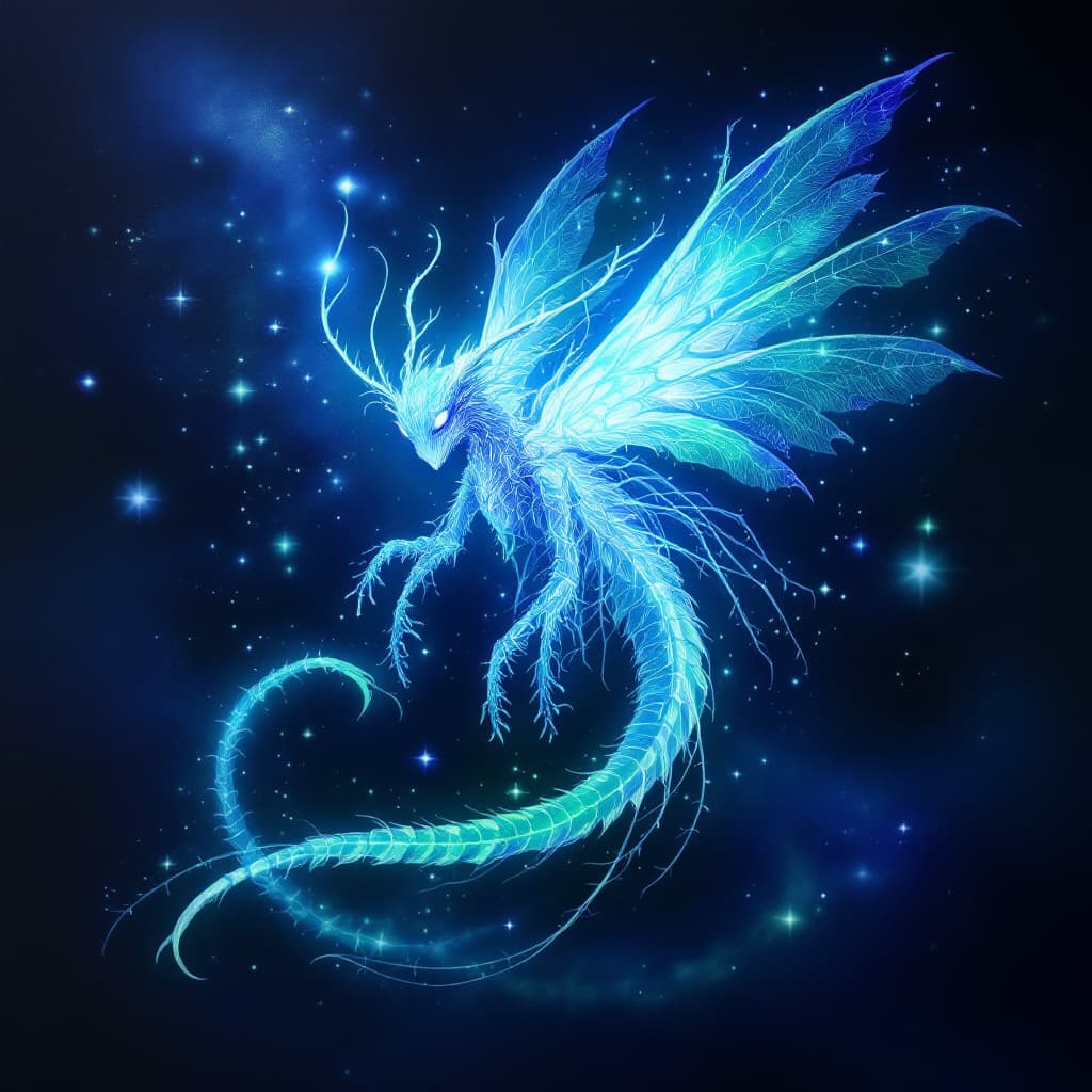 AI generated: A mesmerizing creature from ancient folklore, this mythological bioluminescent being is depicted in ...