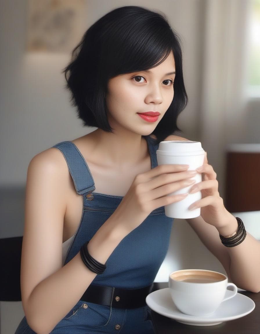 AI generated: A photorealistic image of a woman in a stylish denim ensemble. She wears a sleeveless, form-fitting ...