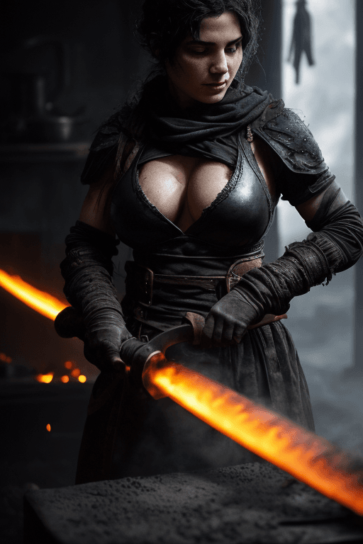 AI generated: strong female blacksmith, big tits, forging a sword, leather bodice,(black soot on skin and breasts:...