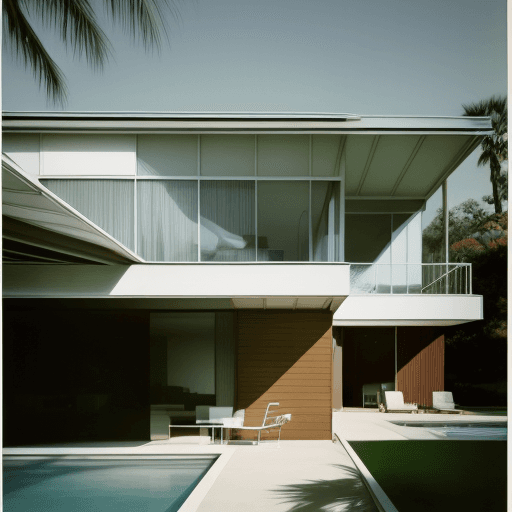 AI generated: Hyper realistic eye level exterior photo of a mid century modern style house overlooking the ocean, ...