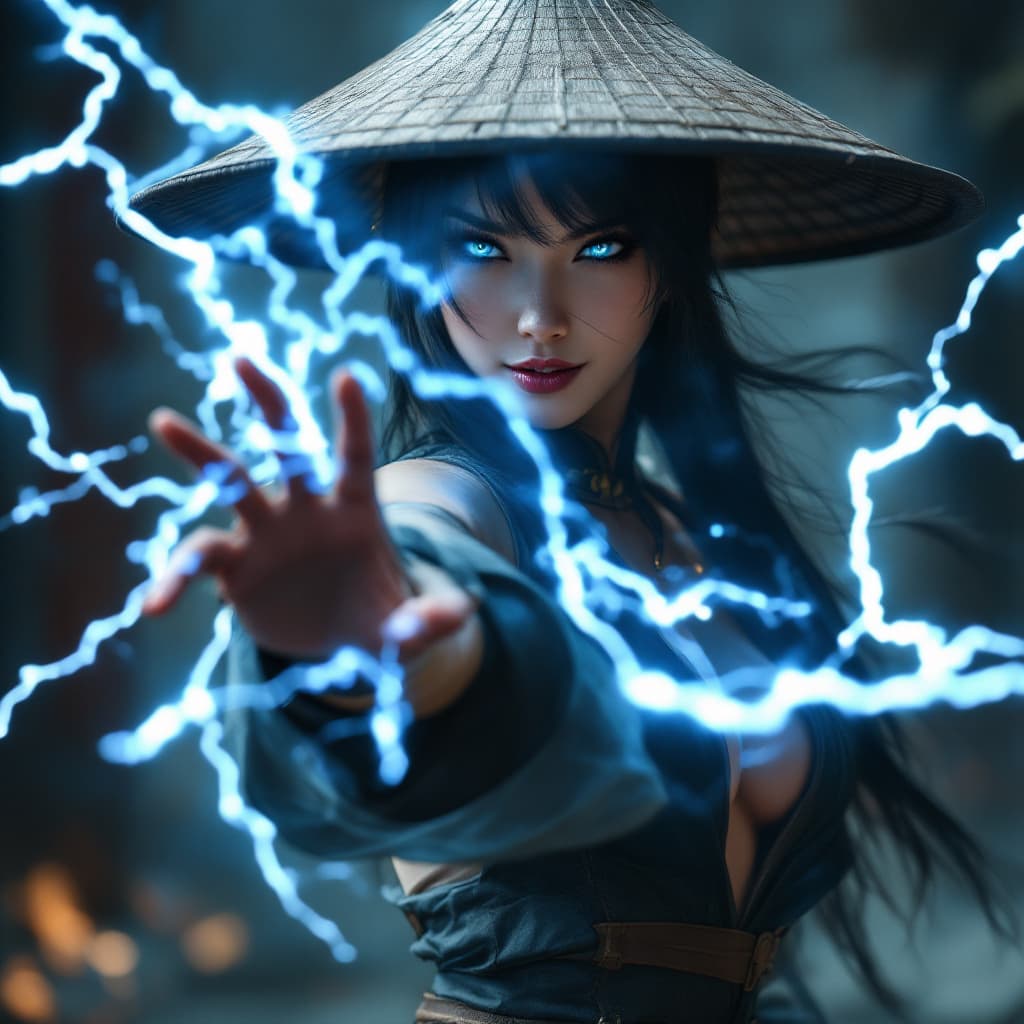 AI generated: Photo of a ultra realistic photo of raiden in mortal kombat, if he was a a beautiful asian female , ...