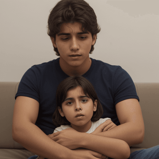 AI generated: un joven viendo asustado a su mama 