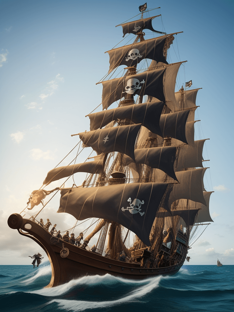 AI generated: pirate school ship with students dressed as pirates, and pirate teachers in an immense sea 