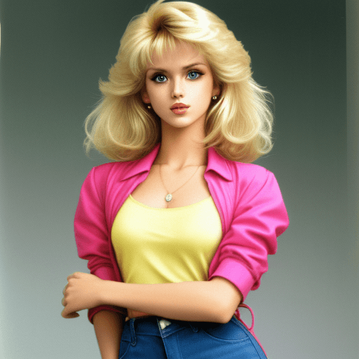 AI generated: high resolution blonde woman bust with the 1980s fashion clothes and hairstyle; she is standing left...