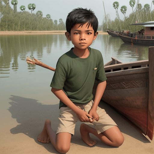 AI generated: The image shows a young khmer boy with brown skin and wearing a big shirt and short pant. He is knee...