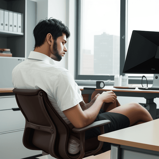 AI generated: realist a young person of about 30 years old sitting in a modern office with his legs on the table, ...