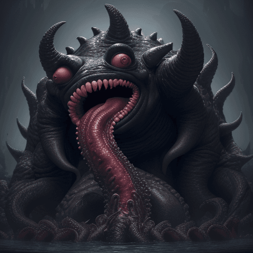 AI generated:  high quality foto of a big black eating  monster, moster with grimaces and big very long teeth, lon...