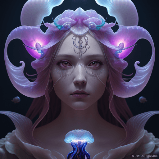 AI generated: Goddess close-up portrait ribcagel. jellyfish phoenix head, nautilus, orchid, skull, betta fish, bio...
