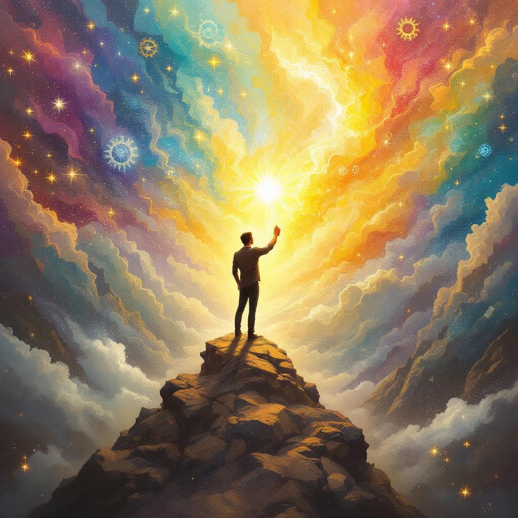 AI generated: "An emotionally powerful surreal painting where a man (the artist) is shaking hands with his own glo...
