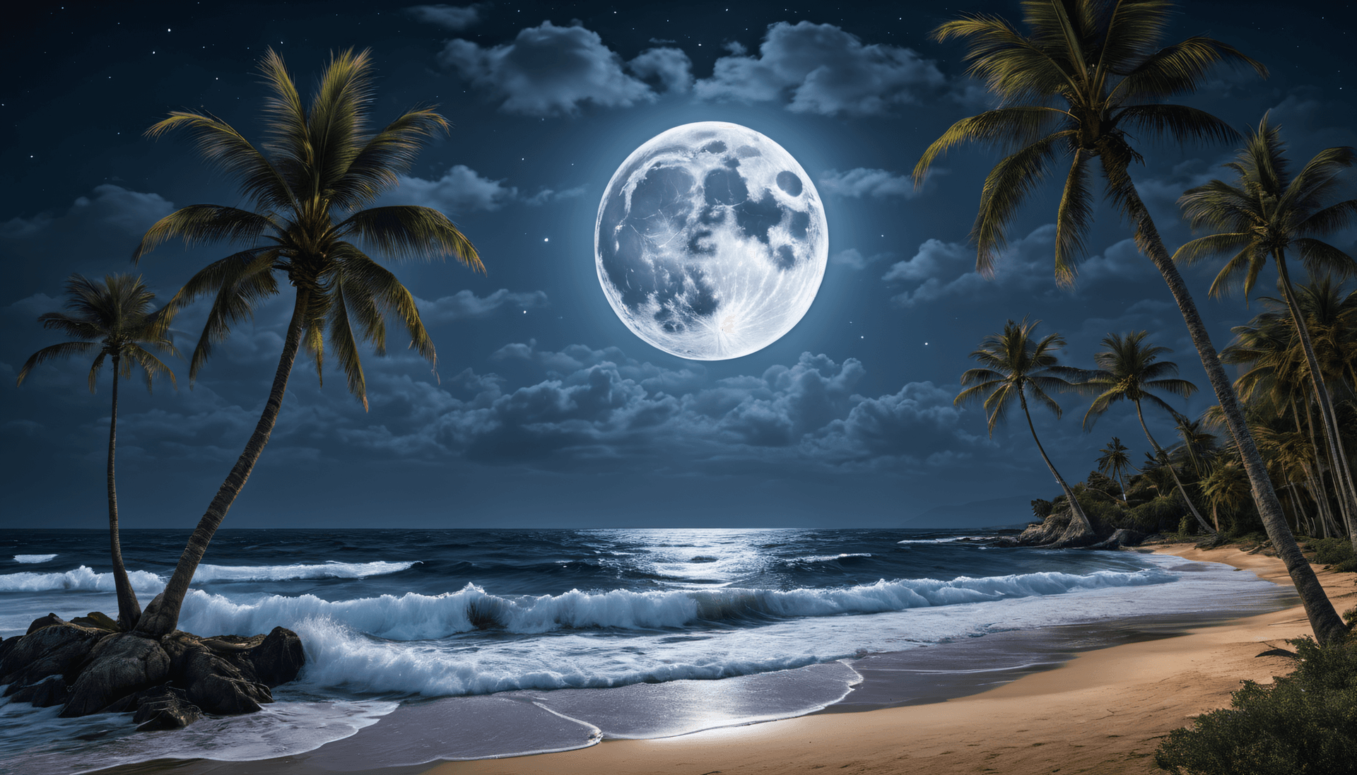 AI generated: Masterpiece, Best Quality, Photograph of the bright extra large Full moon over the Ocean , beach sce...