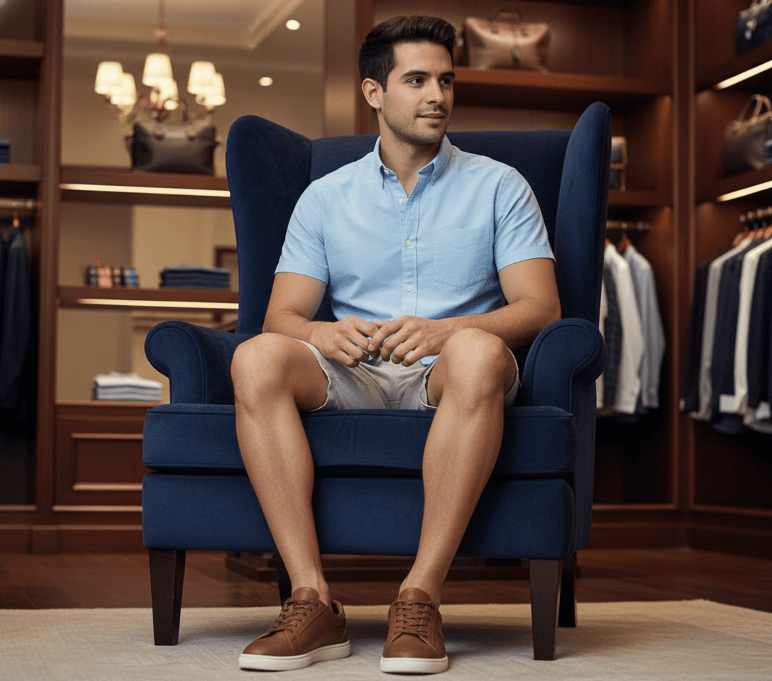 AI generated: At a very luxurious men's clothing store. The Hispanic male is slender, he is 5 feet tall, he is wea...