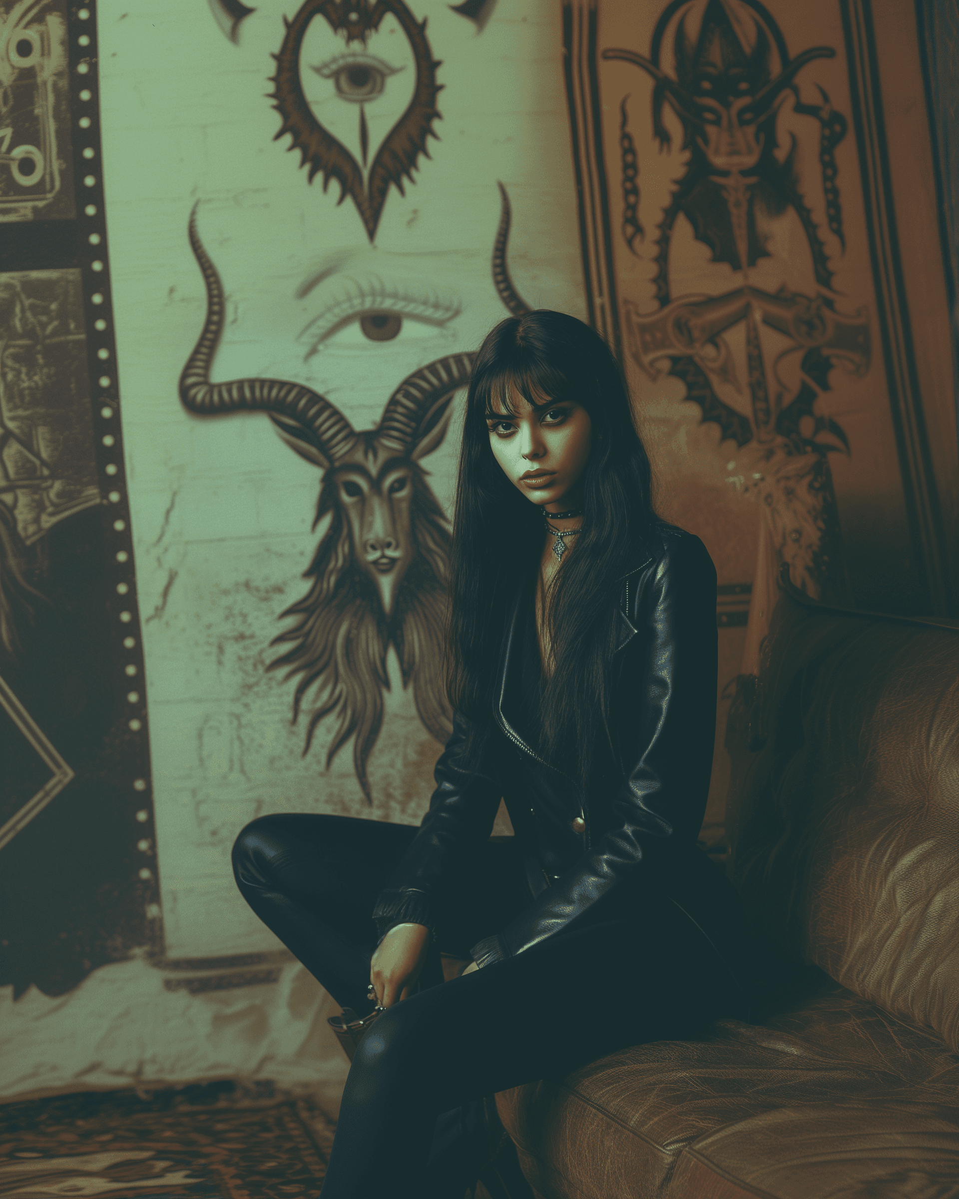 AI generated: Vintage color photo of a young woman sitting in front of Baphomet. She is wearing a black leather su...