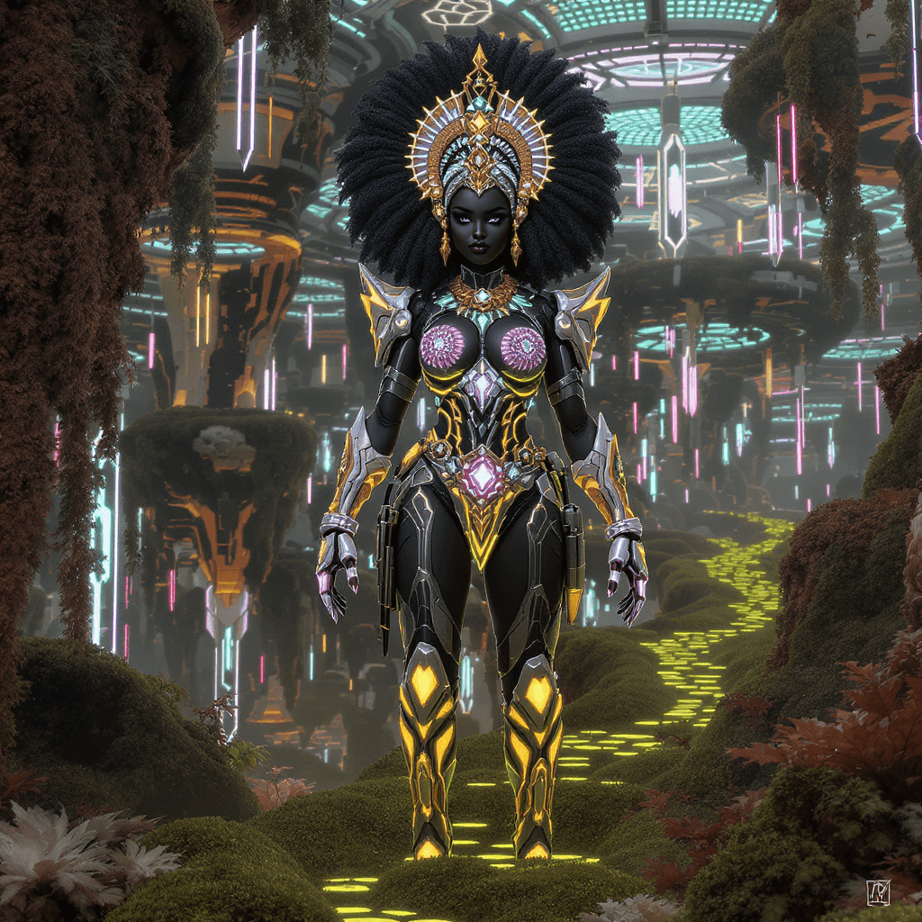 AI generated: vibranium utility belt, moss pathways”: “Ceremonial Elite Afrofuturist warrior queen in a vibranium ...